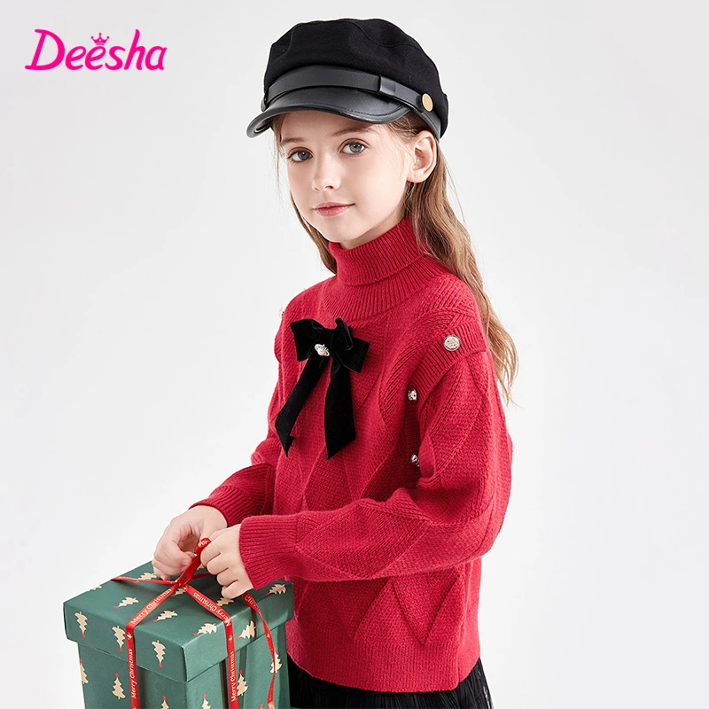 DEESHA/笛莎毛衣女童冬季新款中大童蝴蝶结装饰套头洋气高领毛衫