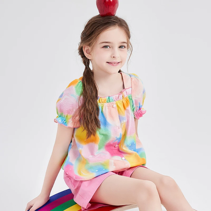 笛莎童装T恤女童24年夏季新款中大童童装薄款时尚扎染宽松上衣