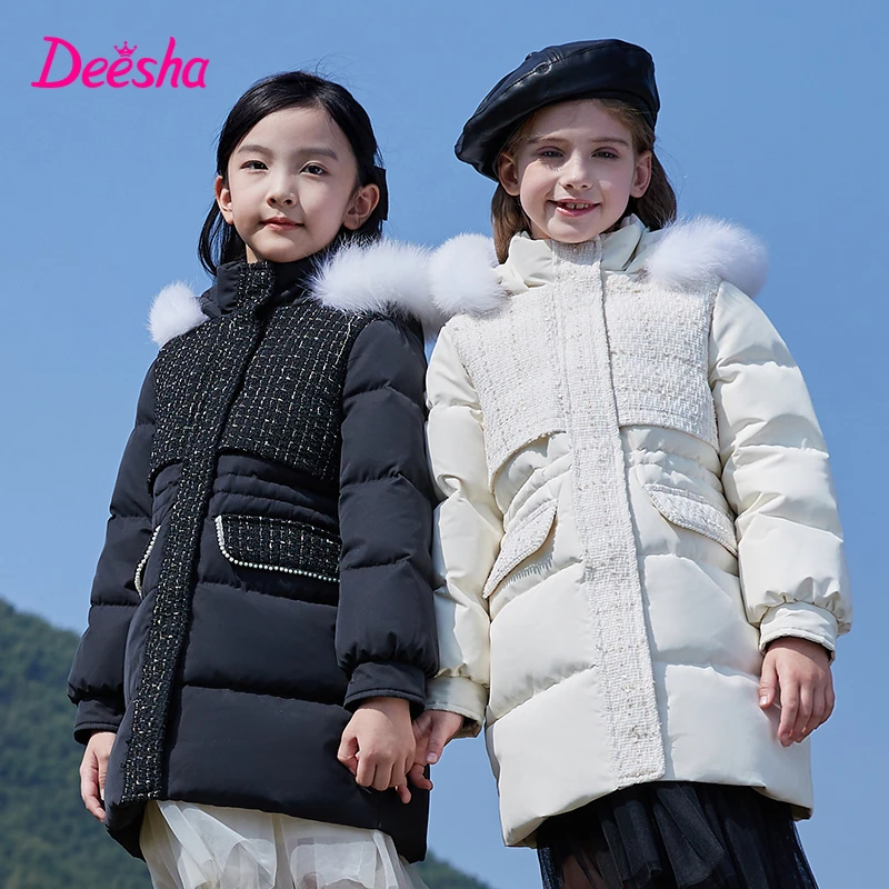 DEESHA/笛莎羽绒服女童冬新款珍珠香风拼接大毛领中长款保暖外套