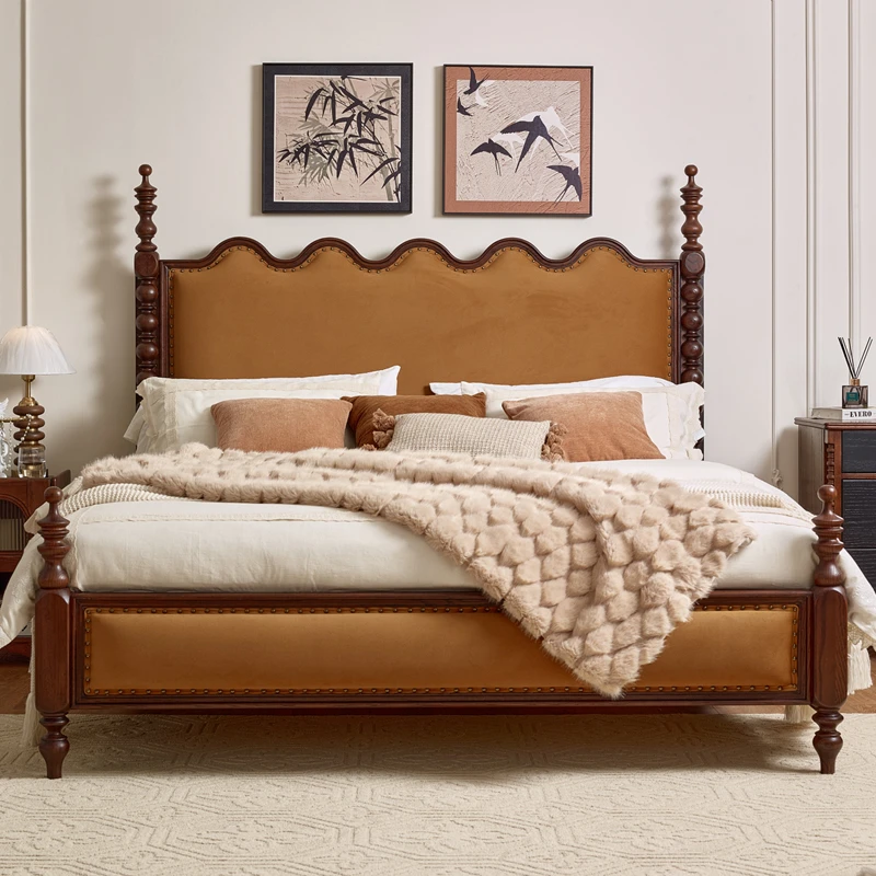 蜀能轻法式美式复古风实木床红橡木中古风双人床1.8米主卧软包床