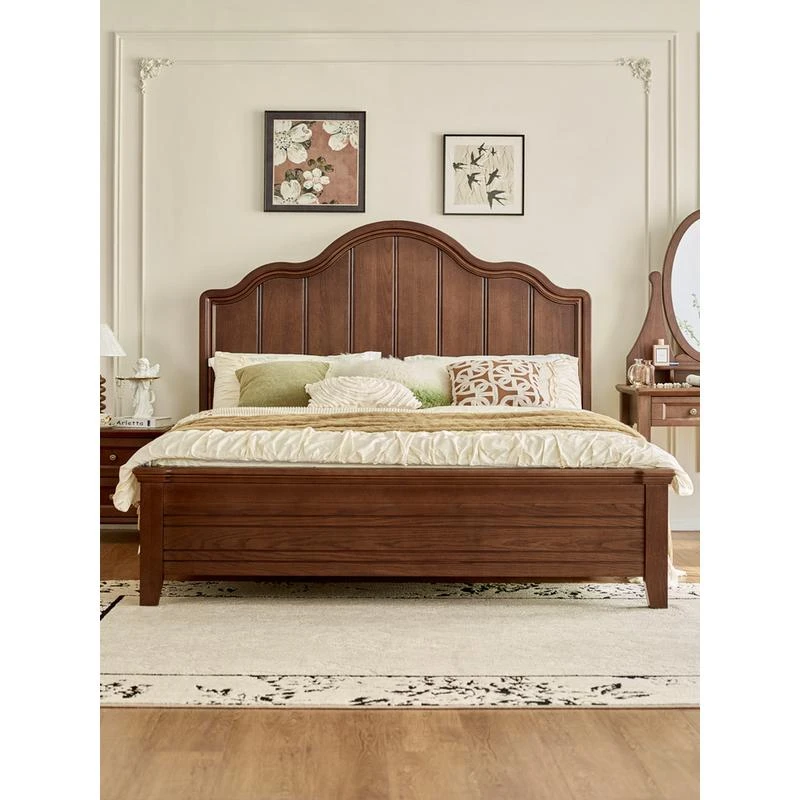 法式中古风全实木床现代简约1.8米双人主卧床美式复古风实木床