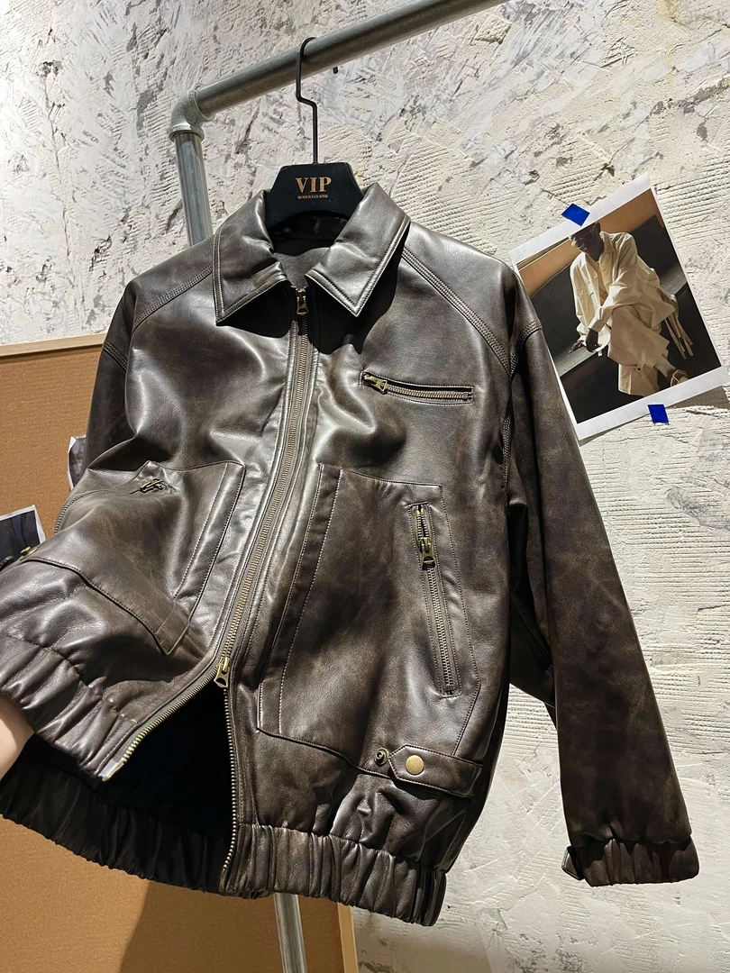 VIP studio 24AW  日系复古极简短款翻领夹克皮衣