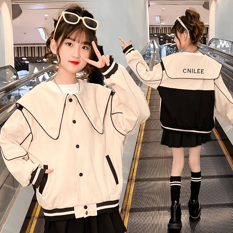 女童外套春装2024新款时髦洋气海军领棒球服中大童秋季韩版开衫潮