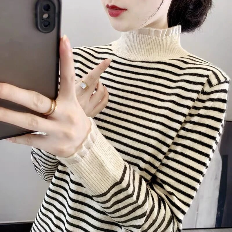 303#【领口欧根纱条纹--米色】针织打底衫女士上衣春秋季百搭潮