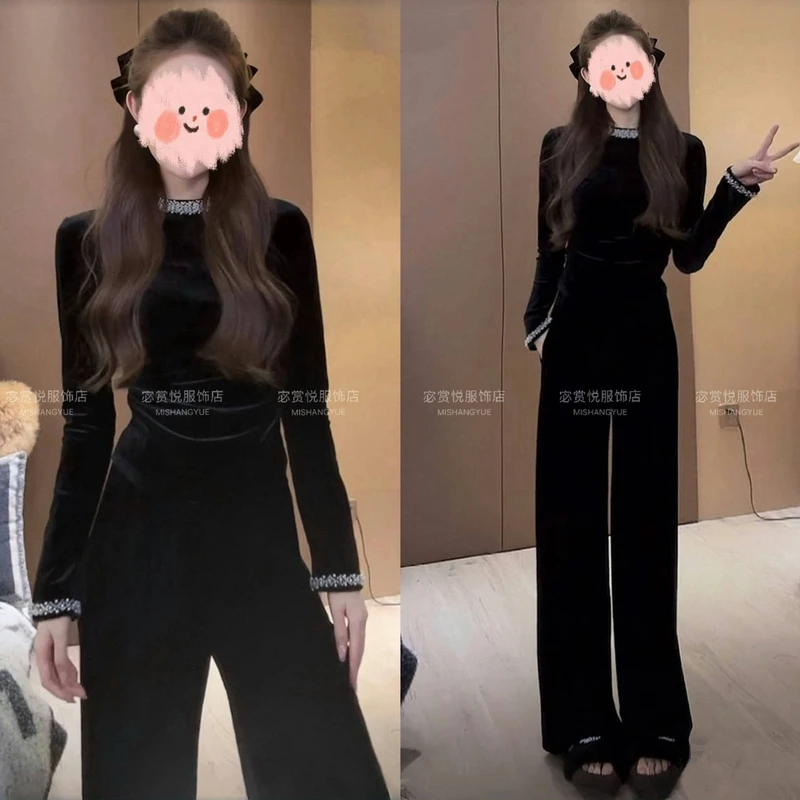 女士时尚百搭服装套装上衣裤子加绒新款两件套洋气黑色气质高级感