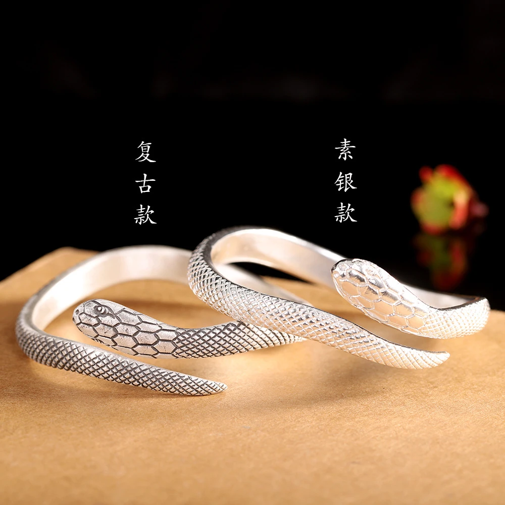 足银手镯 时尚纯手工足银999蛇手镯复古做旧纂刻手环个性男女通用