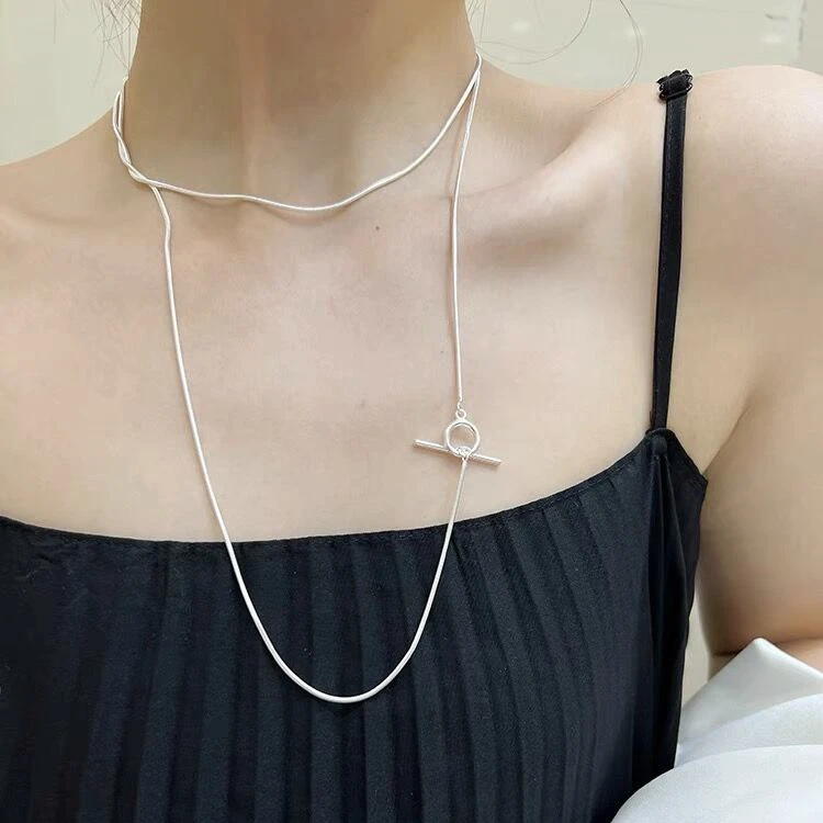 链子925银 长款圆蛇骨链OT扣毛衣链冷淡风轻奢可叠戴锁骨链小众女
