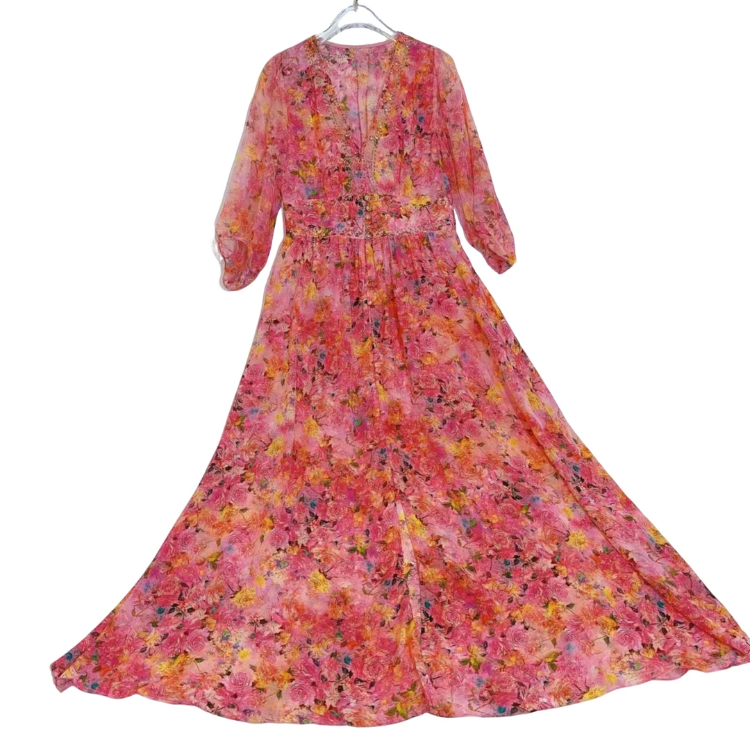 真丝连衣裙2024春夏新款高订气质收腰显瘦桑蚕丝长裙 粉色 240375