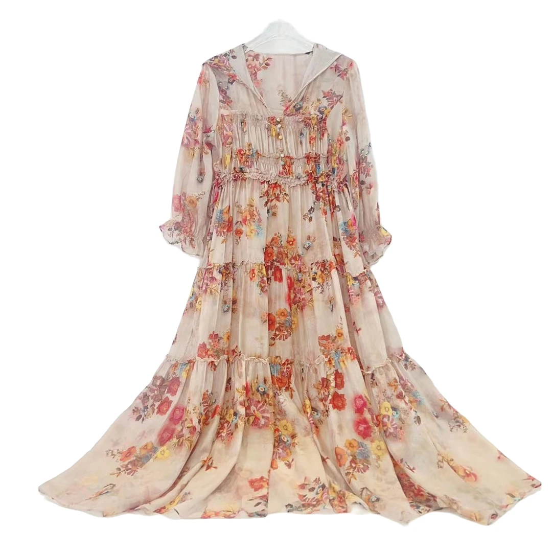 真丝连衣裙2023年新款度假风帽款收腰桑蚕丝连衣裙大地色162118-5