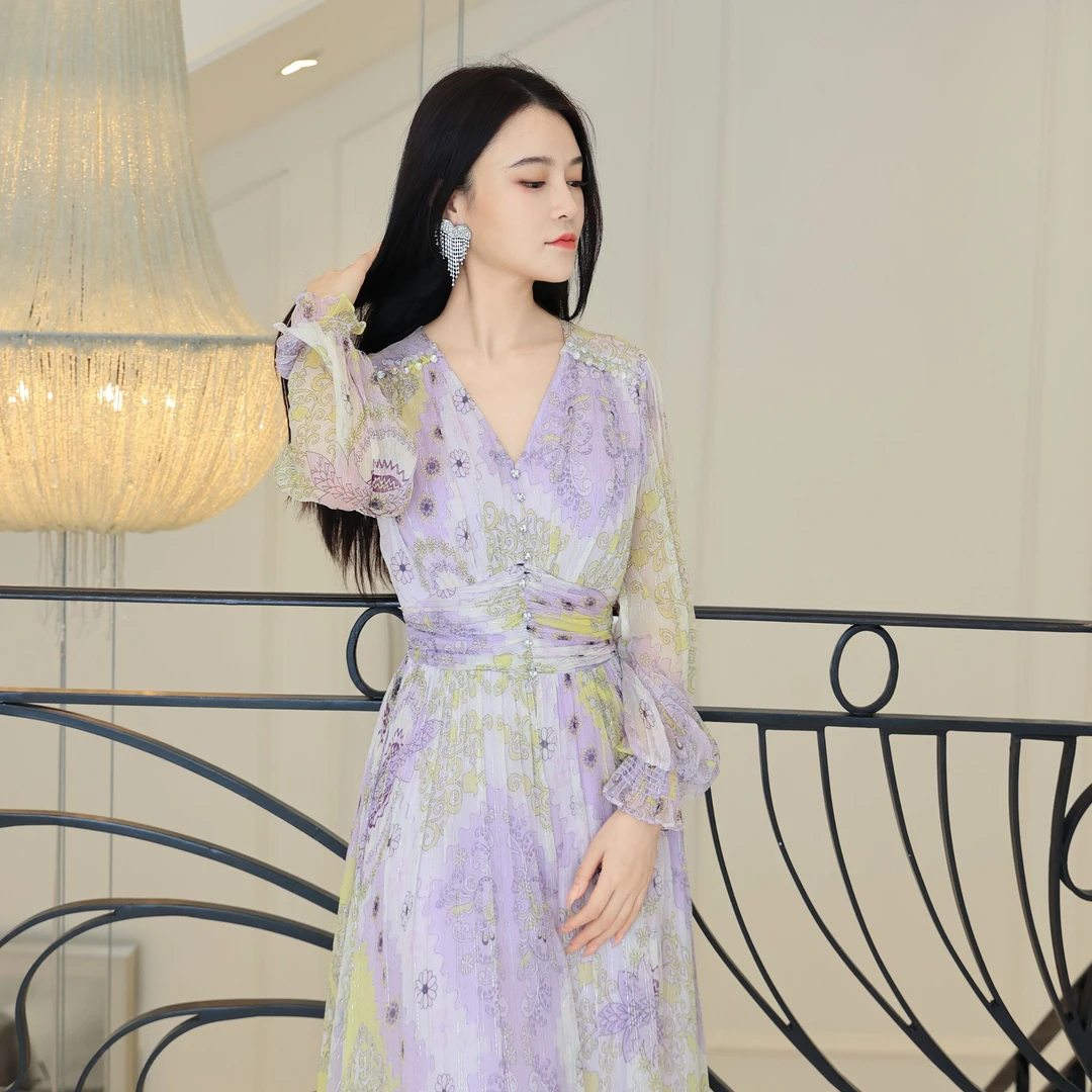 2025优雅印花春夏新品原创长款阔版名媛真丝女装时尚轻奢 25319-1