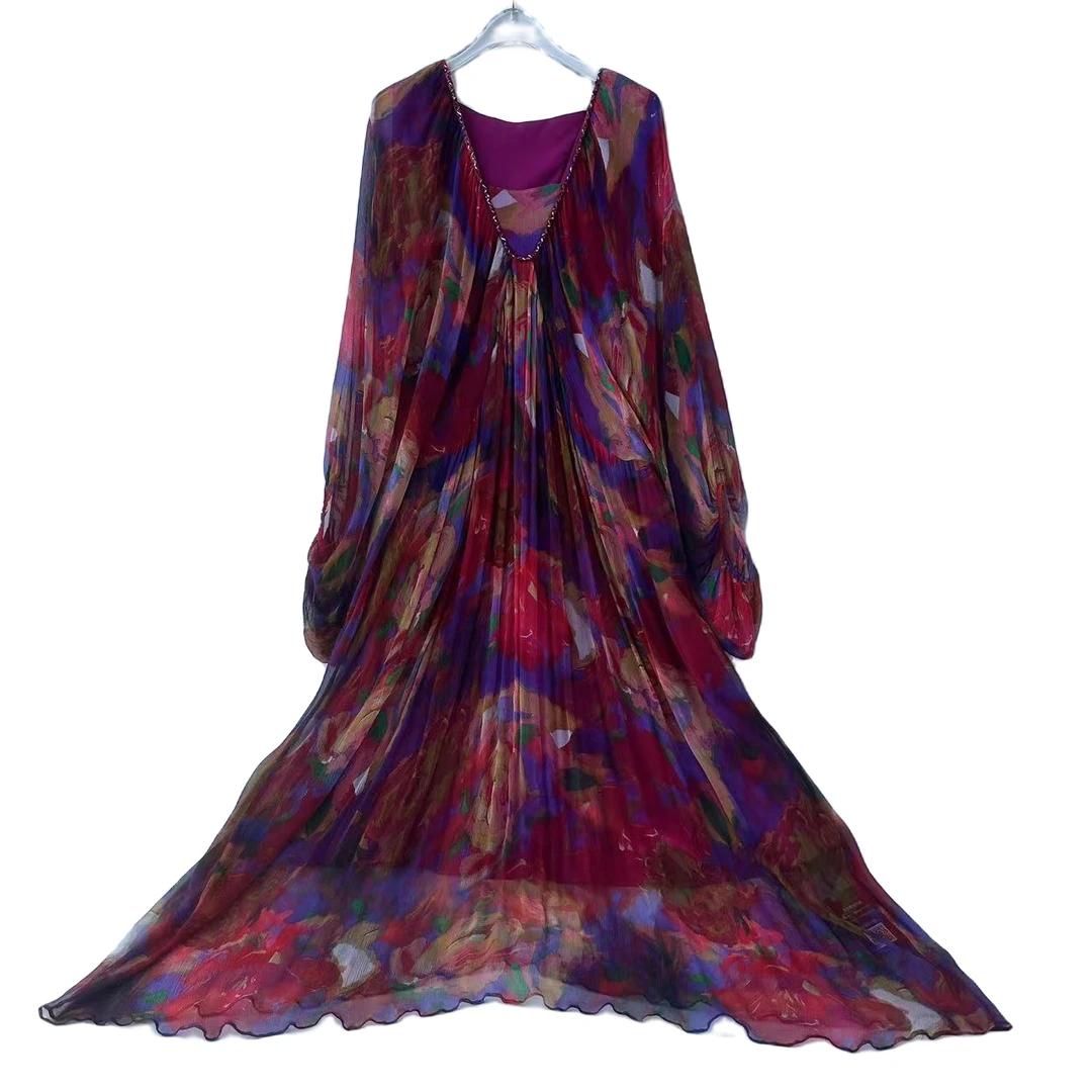 真丝连衣裙春夏新款高端气质印花宽松桑蚕丝连衣裙 紫色 23045-1