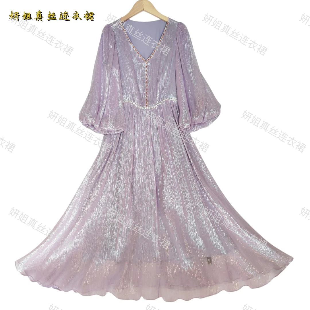 2025妍姐宴会新款时尚高端走秀气质轻奢优雅真丝连衣裙紫色24237