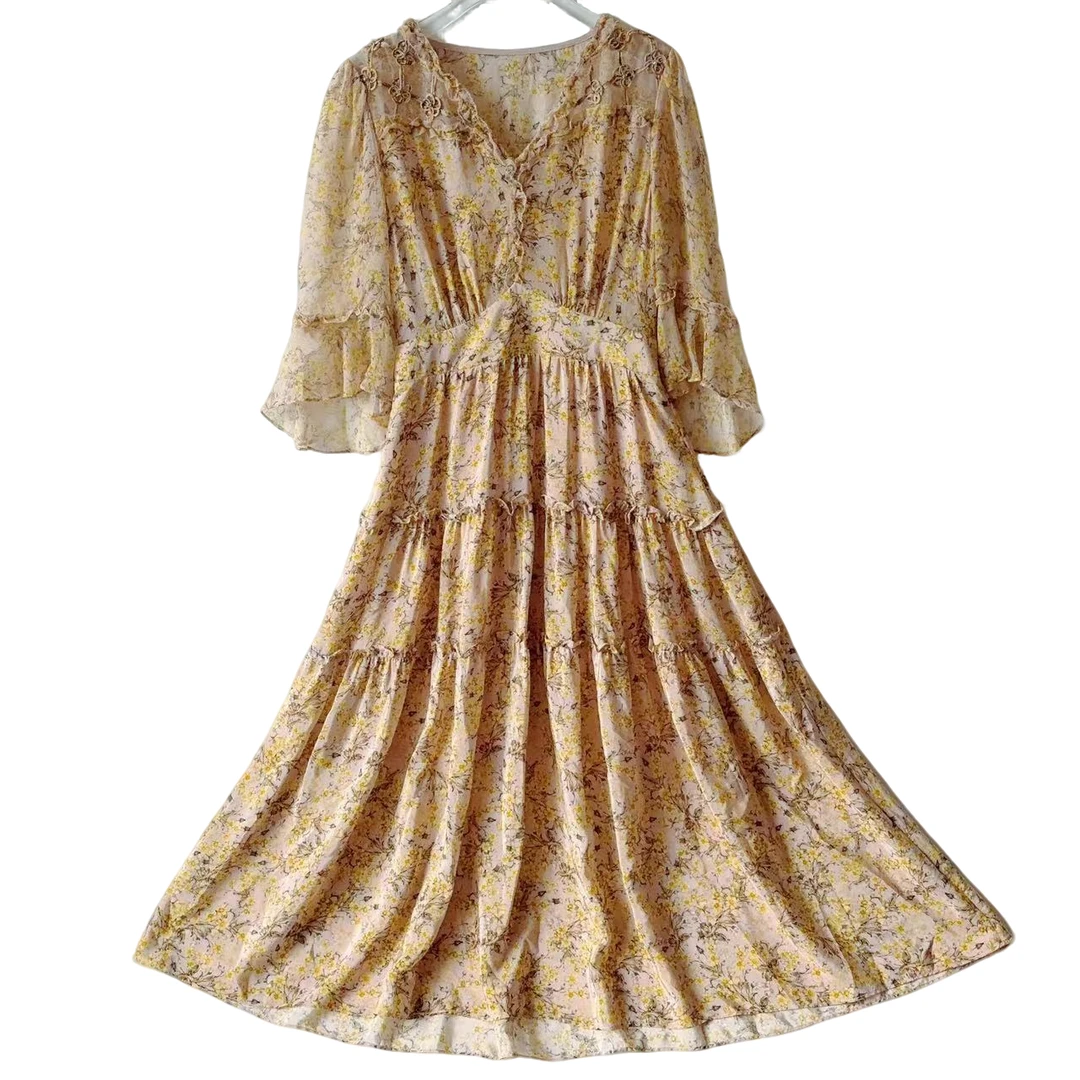 女装百搭气质春夏女士优雅领显瘦复古长款真丝大摆黄色黄色8003-1