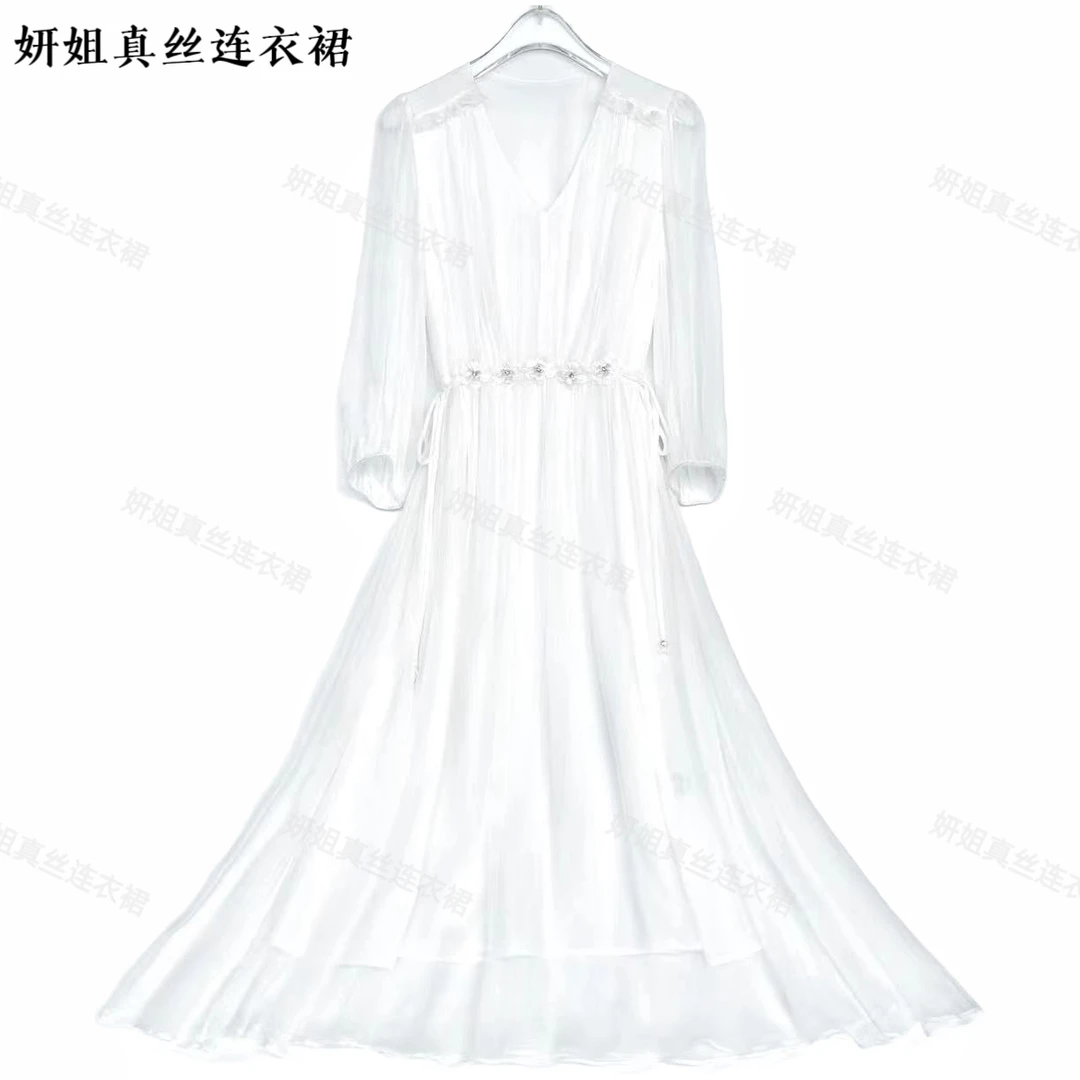 2026 SY 新款时尚减龄仙女气质夏季桑蚕丝女装连衣裙本白色 23155