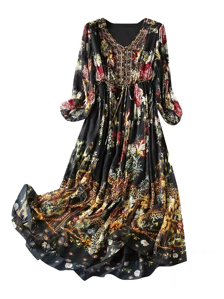 2025夏季新真丝连衣裙轻奢V领简约时尚日常气质  黑花色 240351-1