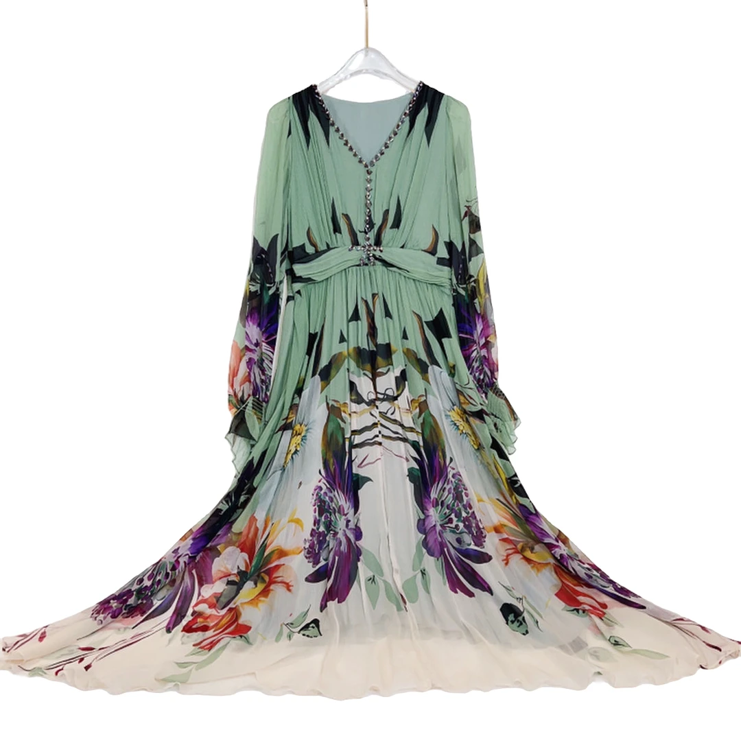 2024夏新款时尚V领修身高端走秀气质轻奢优雅真丝连衣裙绿色23191