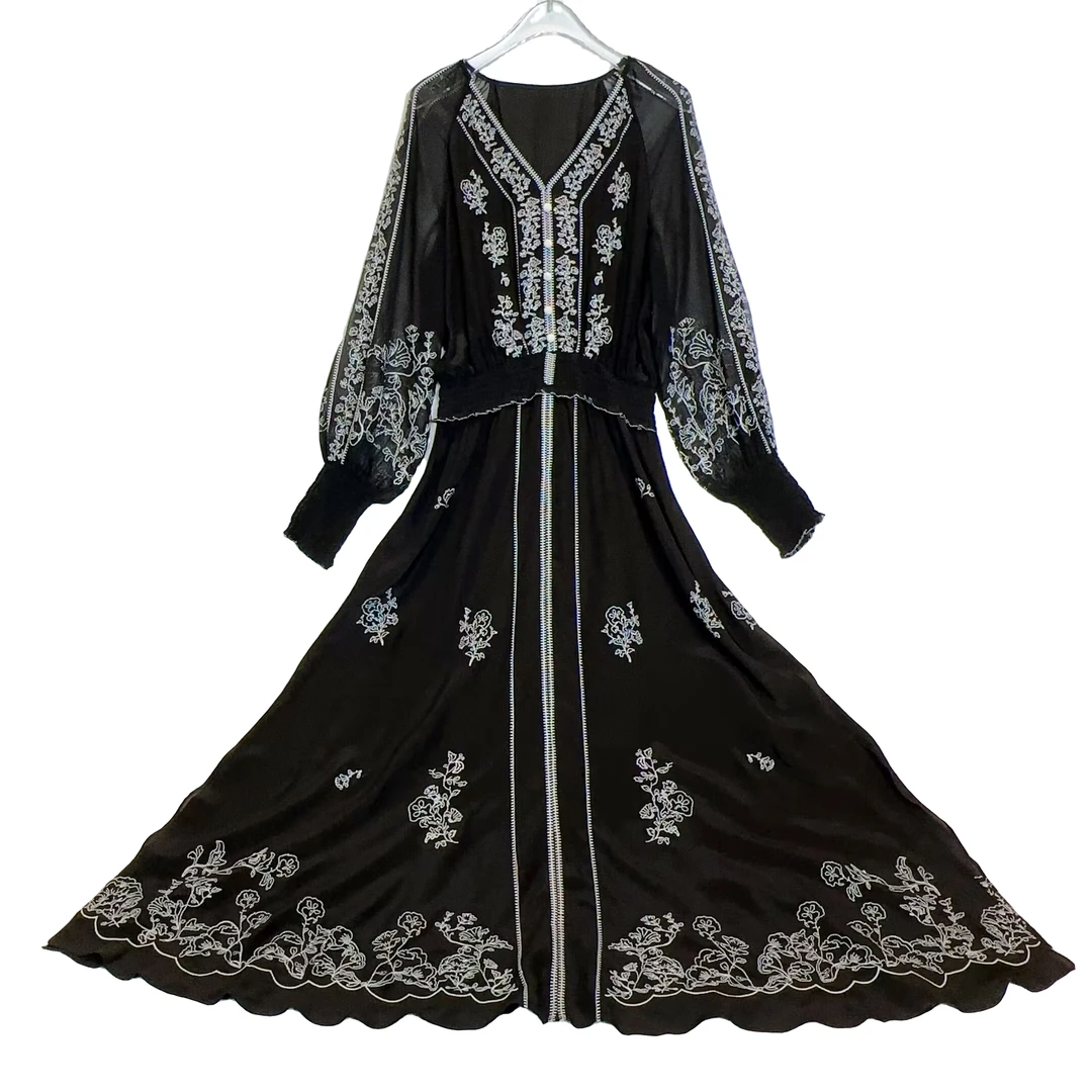 妍姐真丝2025新品气场全开刺绣收腰蕾丝长裙真丝气质黑色23210