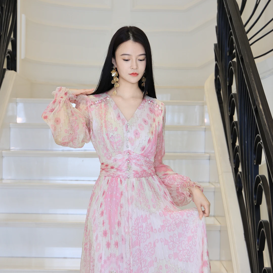 【新年特惠】2025新品设计师原创长款v领气质真丝连衣裙 粉色 25319