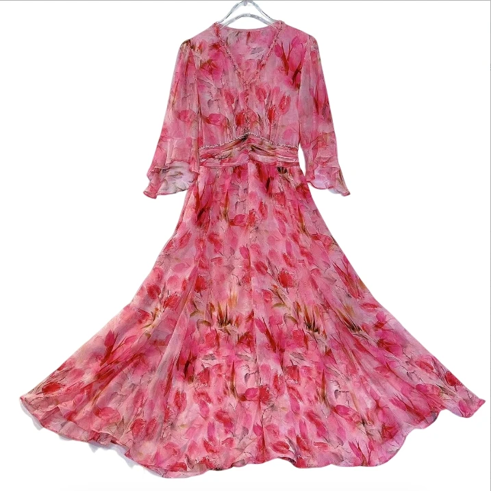 真丝连衣裙春夏新款高订气质收腰显瘦桑蚕丝长裙 粉花色240370