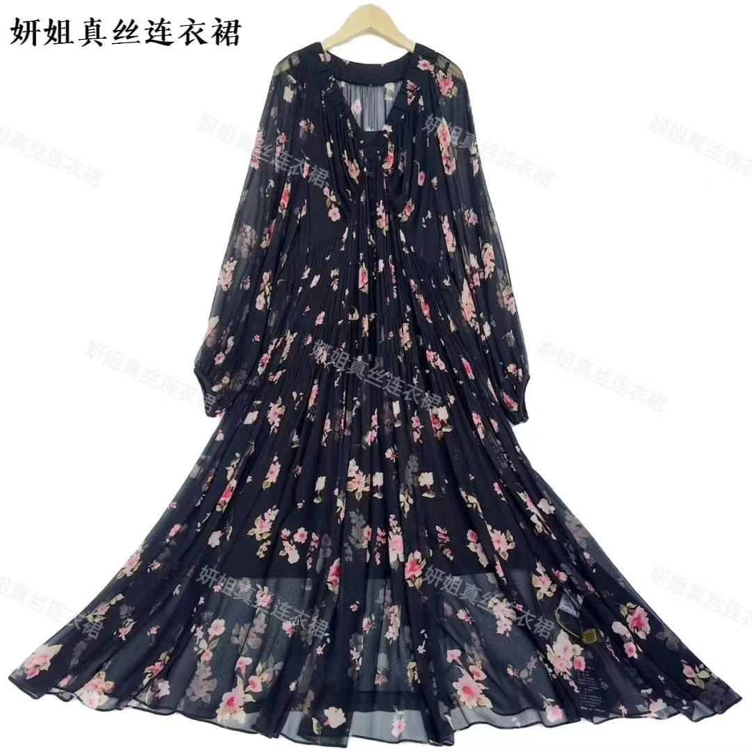 女装连衣裙《暗里着迷》时尚黑色印花百搭轻奢复古真丝连衣裙 23042