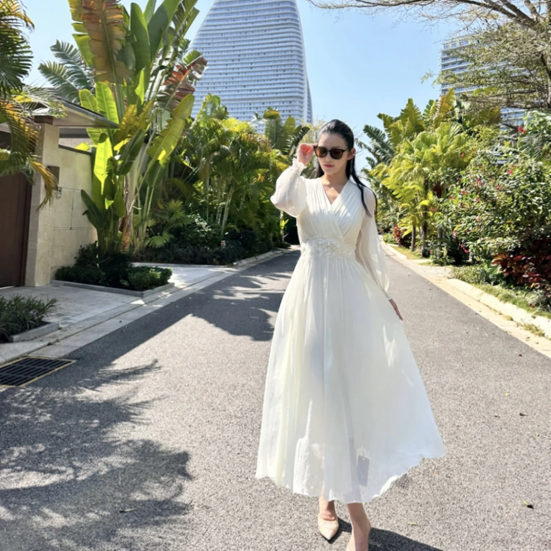 桑蚕丝2024夏新时尚v领360度气质大摆真丝裙   白色   240116-10