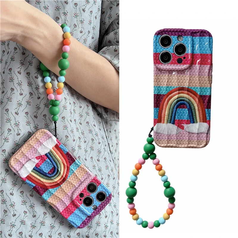 彩虹编织彩色手链珠适用苹果15/14/13手腕防丢iphone12手机壳11套