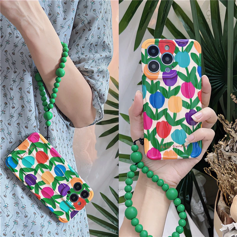 波浪纹彩色花绿色手拎适用苹果15/14/13创意防丢iphone12手机壳11