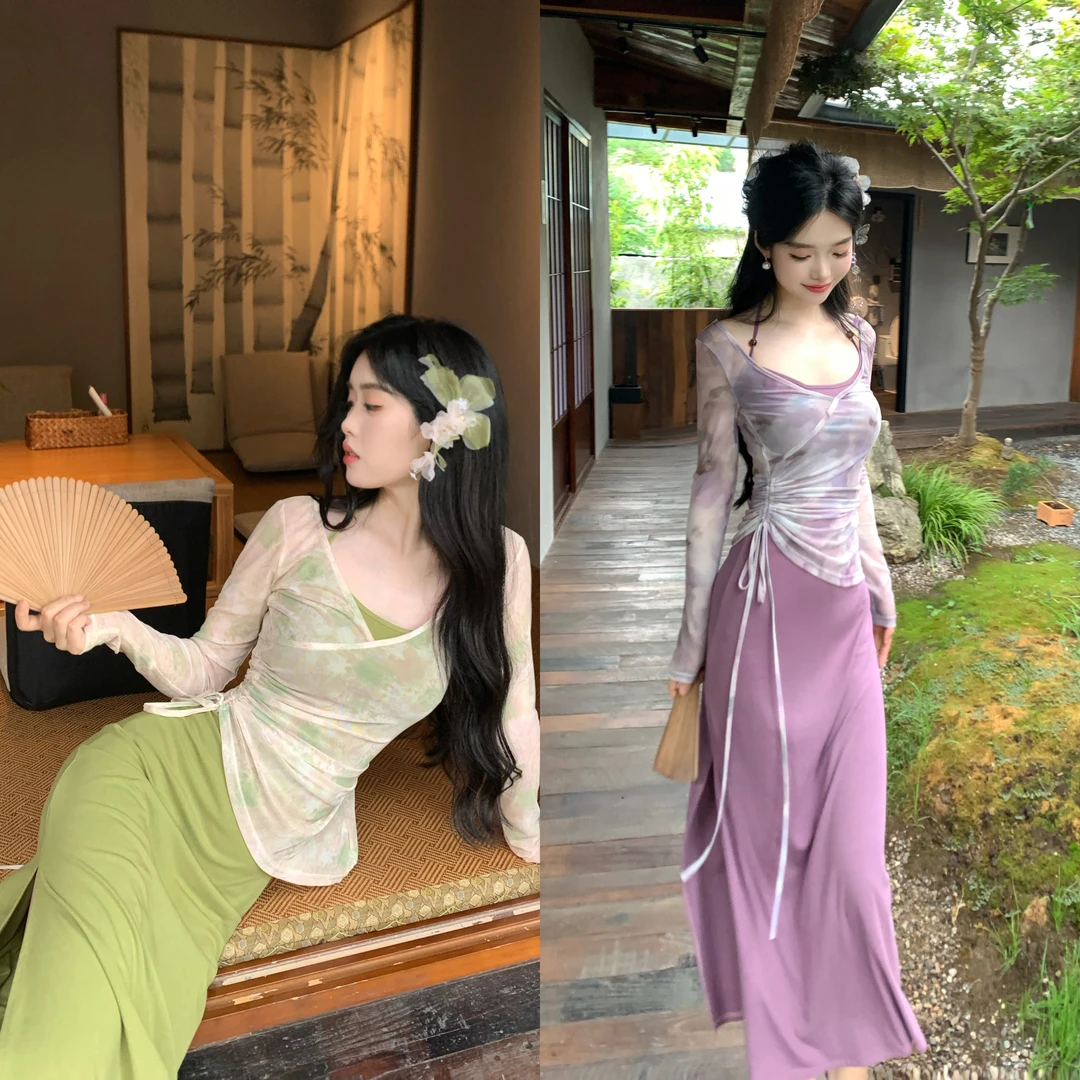 Blovelan浮光浣溪 纯色气质针织吊带裙薄款印花外衣罩衫套装