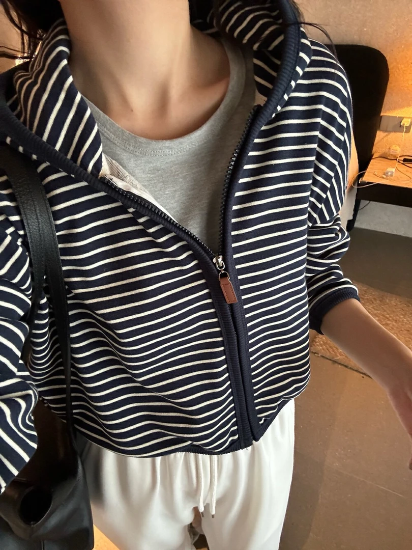 【倪大发】经典条纹韩系连帽条纹条纹休闲拉链卫衣