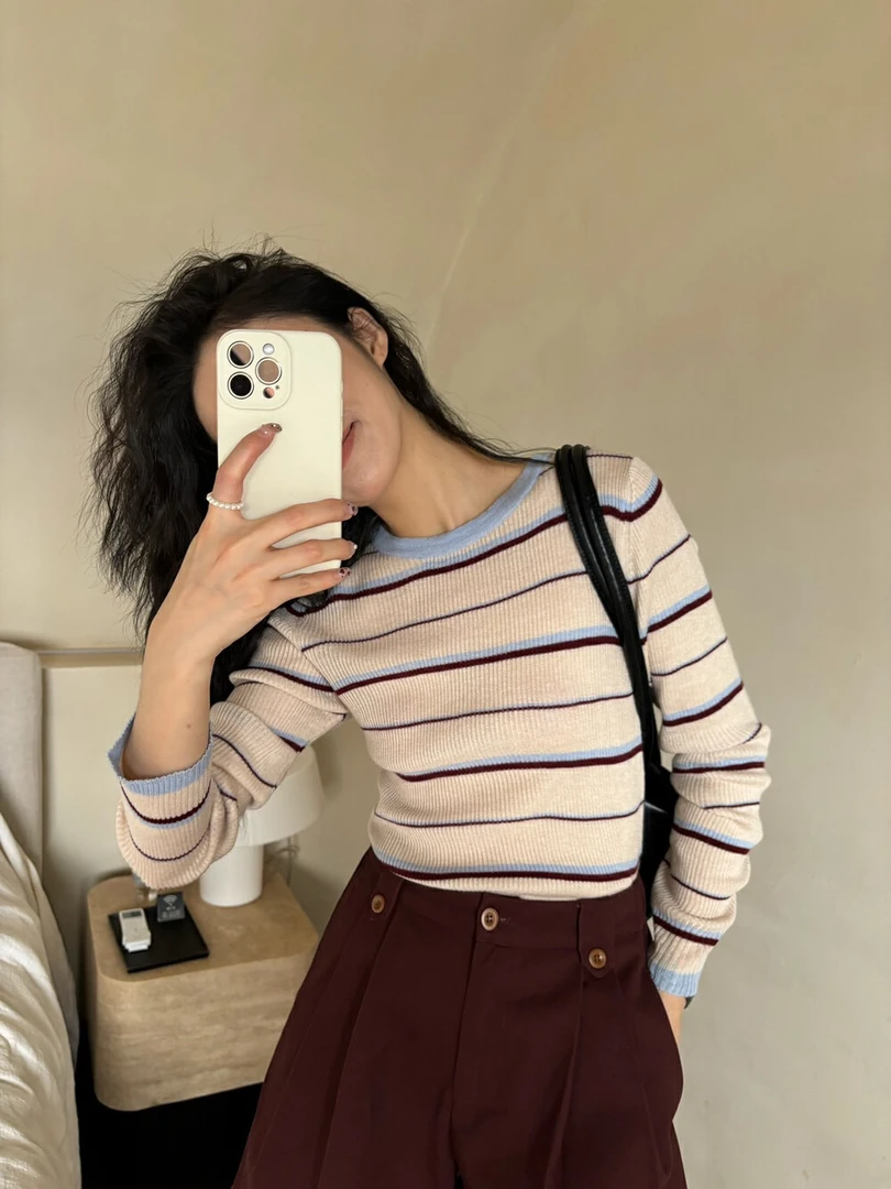 【倪大发】复古彩条撞色条纹长袖针织