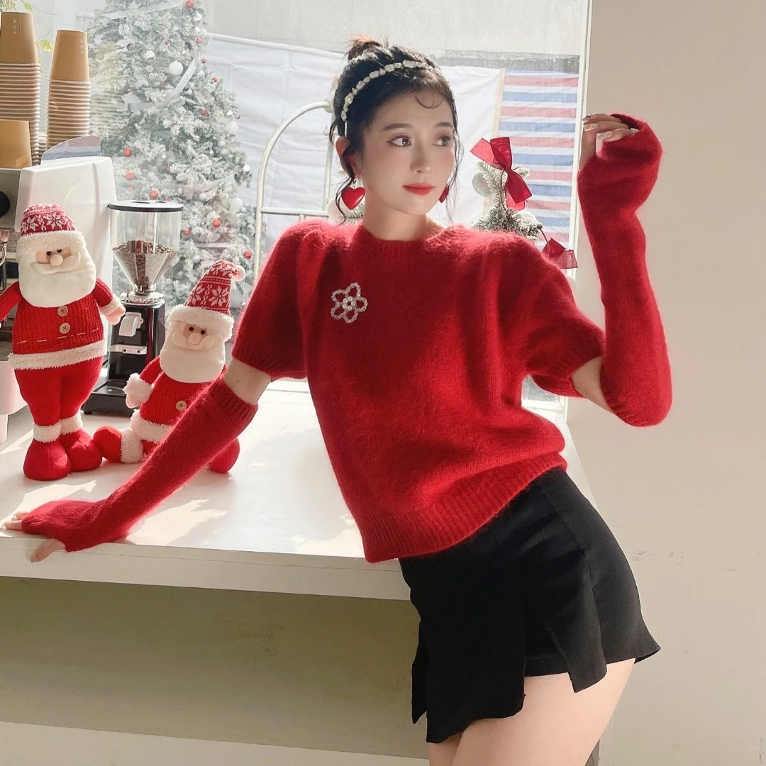 Lyrccoa水晶花圆领手袖针织衫