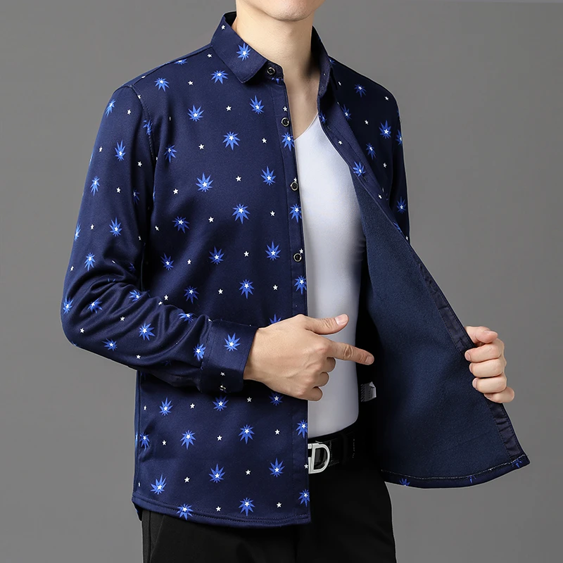 秋冬季男士保暖衬衫加绒加厚款长袖衬衣格子休闲父亲男装外套