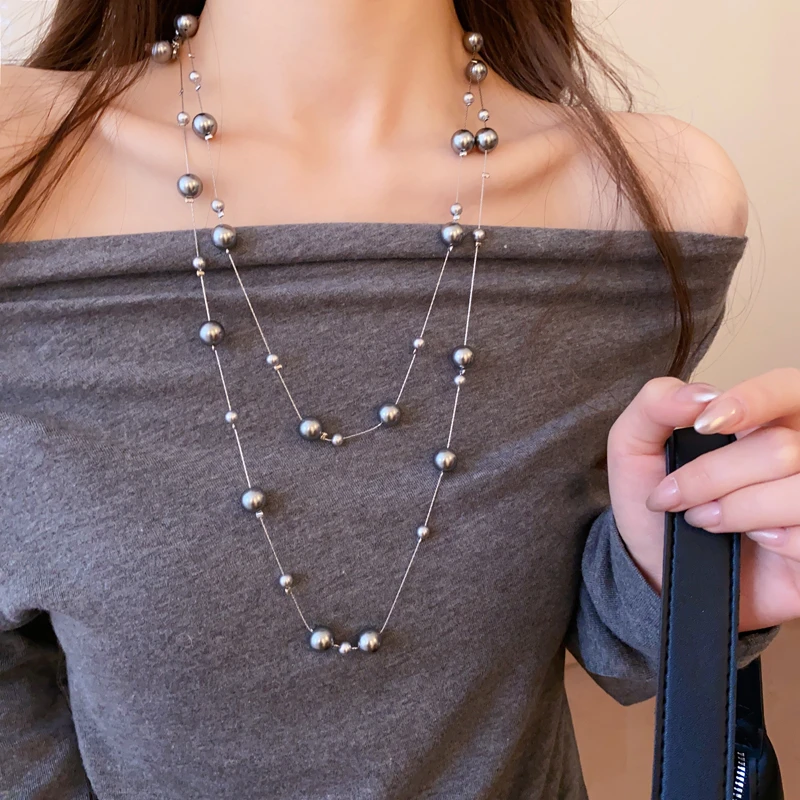 合金项链 灰色珠珠毛衣链轻奢高级感大气高档叠戴长款项链配饰女1