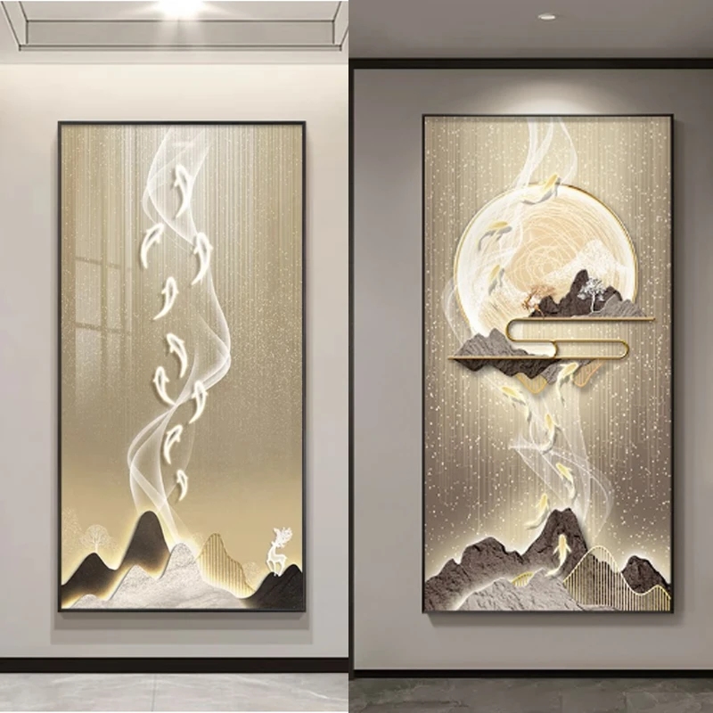 入户玄关装饰画轻奢现代简约走廊过道竖版挂画客厅正对门大幅壁画