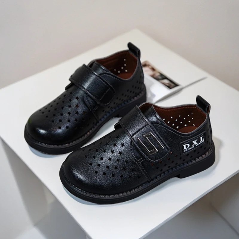 皮鞋男童黑色夏季透气镂空皮凉鞋软底中大童小学生活动演出鞋男孩