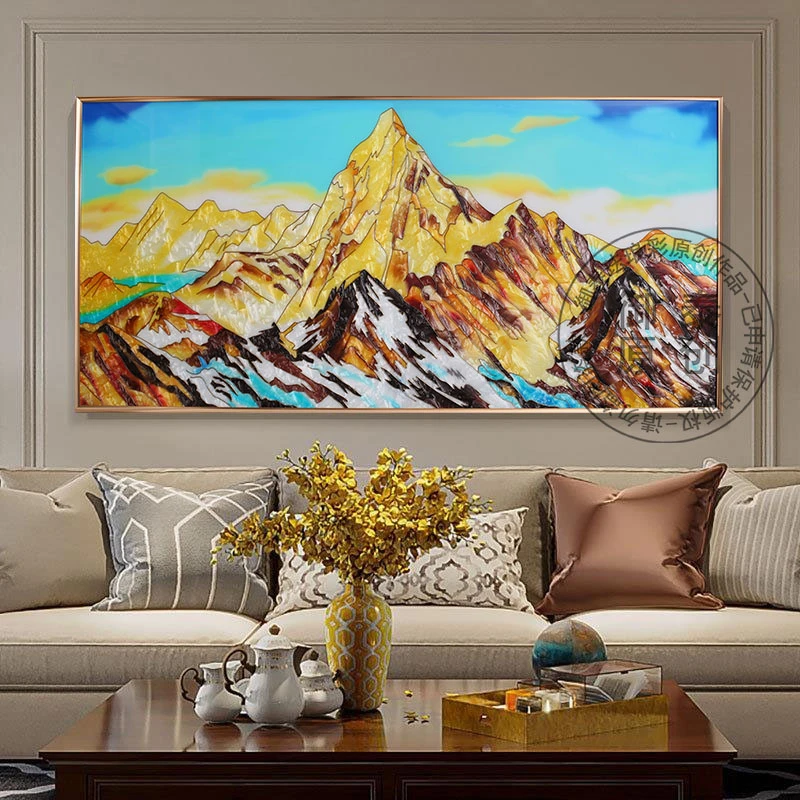 现代轻奢手工珐琅彩沙发背景画日照金山客厅餐厅高级感横版入户