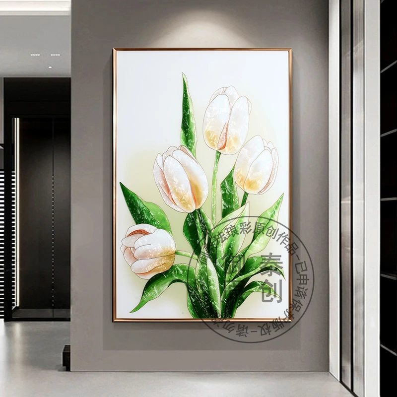 现代简约风装饰画手绘珐琅彩装饰画郁金香客厅沙发背景画玄关走廊