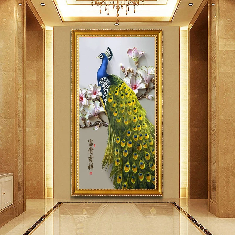 贴钻十字绣客厅孔雀2025新款5d钻石画满钻花开富贵竖版玄关钻石绣