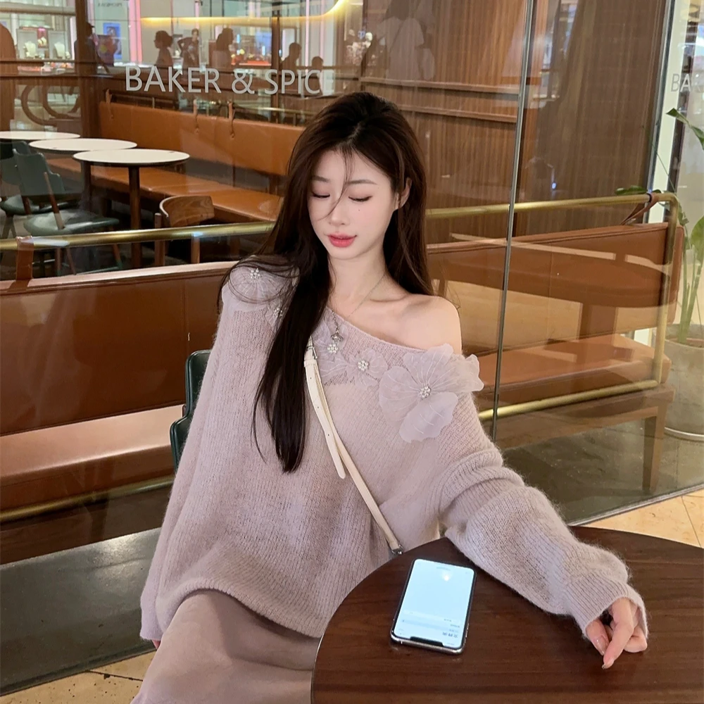 知意 复古法式一字领花朵毛衣设计感小衫+紫色半身裙时尚套装女秋