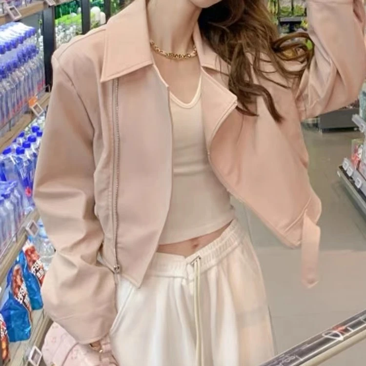 【秀宝女装】港味拉链翻领设计感小个子百搭皮衣外套XB7644