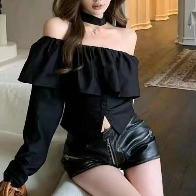 驴花s一字肩上衣露肩气质设计感时尚黑色泡泡袖