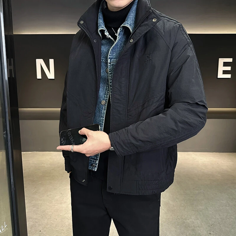 假两件男士潮款棉服2024冬季新款牛仔拼接韩版帅气加厚衣服外套男