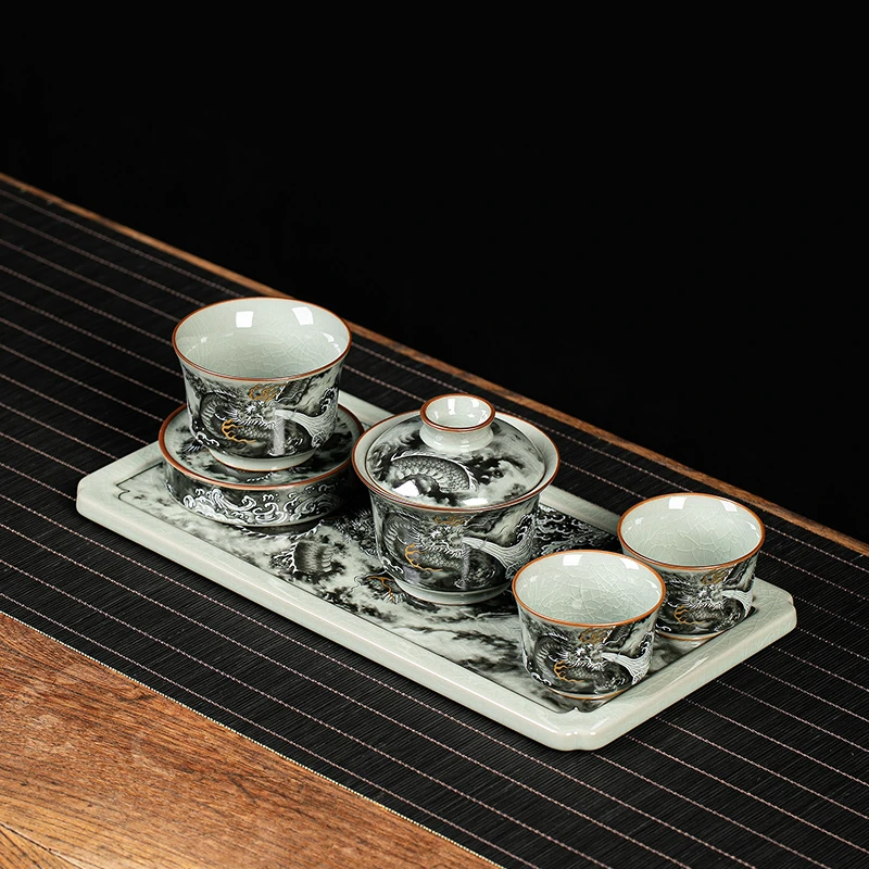 景德镇茶盘老陶泥墨龙出海陶瓷干泡盘家用长方型托盘简易茶台新款