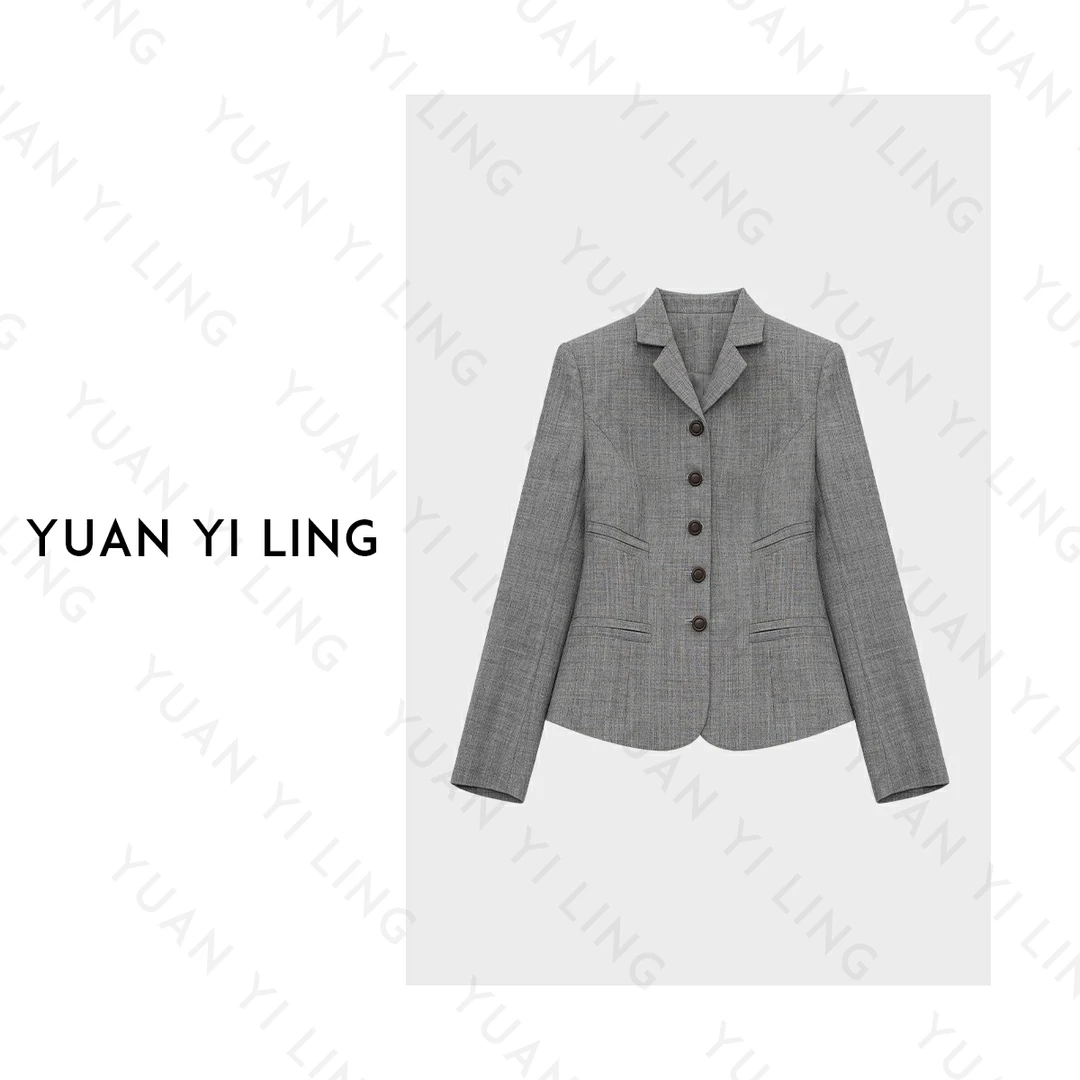 袁艺灵【中古小姐】羊毛立体剪裁收腰时尚灰色西装短外套春夏上新款