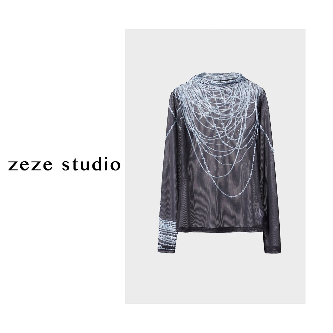 YUAN YI LING【独立设计师】珍珠之吻网纱打底衫小众时尚风印花3399