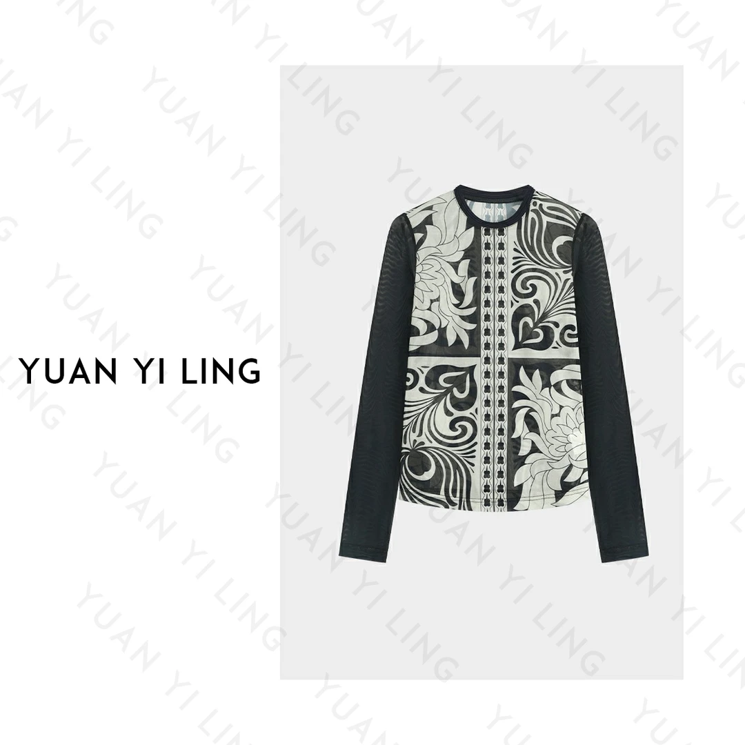 YUAN YI LING【中古秀场t】2024单层设计师撞色进口长袖圆领打底t恤