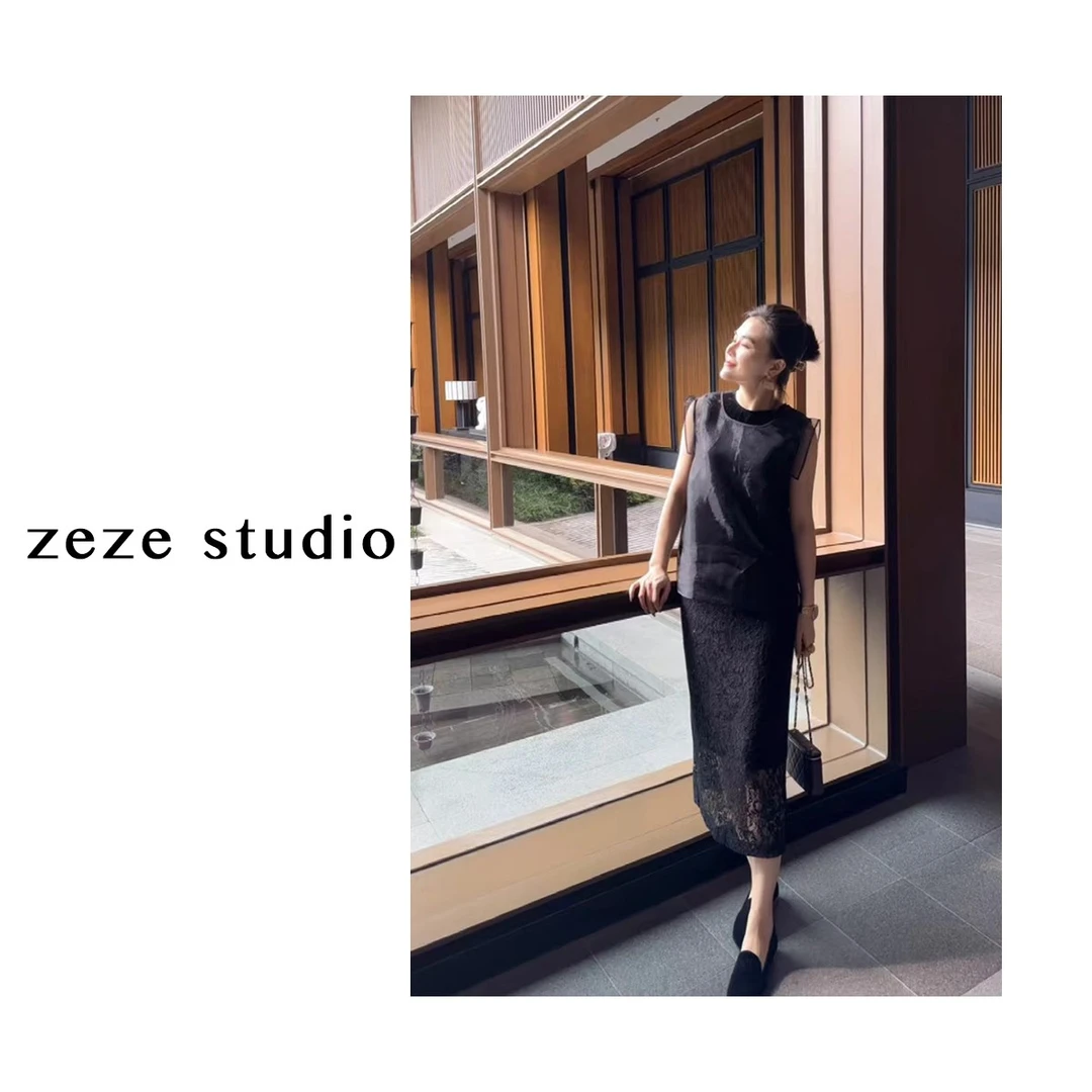 zezestudio【黑标系列】欧根纱马甲套装灰色简约复古风纯色圆领夏季