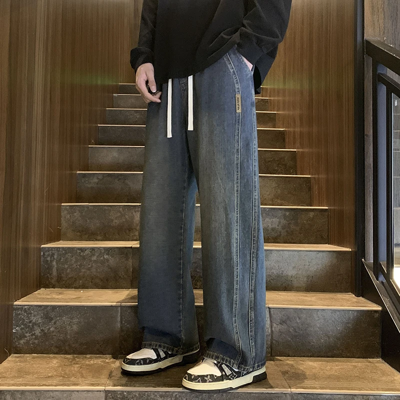松紧腰牛仔裤男潮牌宽松阔腿裤子男秋季复古水洗做旧直筒学生长裤