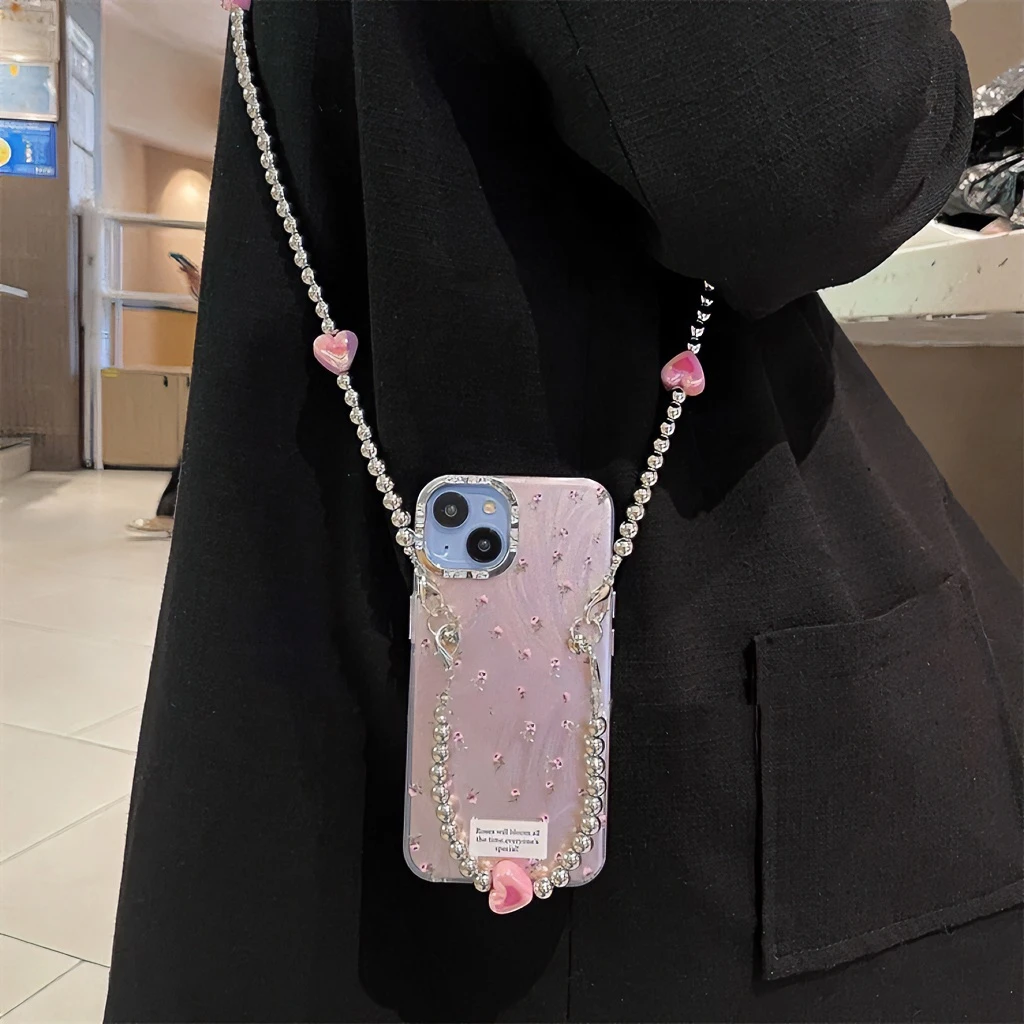 韩风ins镭射粉色小碎花苹果15promax手机壳iPhone14新款13斜跨12