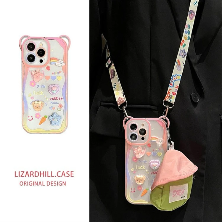 立体兔爱心苹果14手机壳iPhone15promax斜跨13透明12pro新款11女